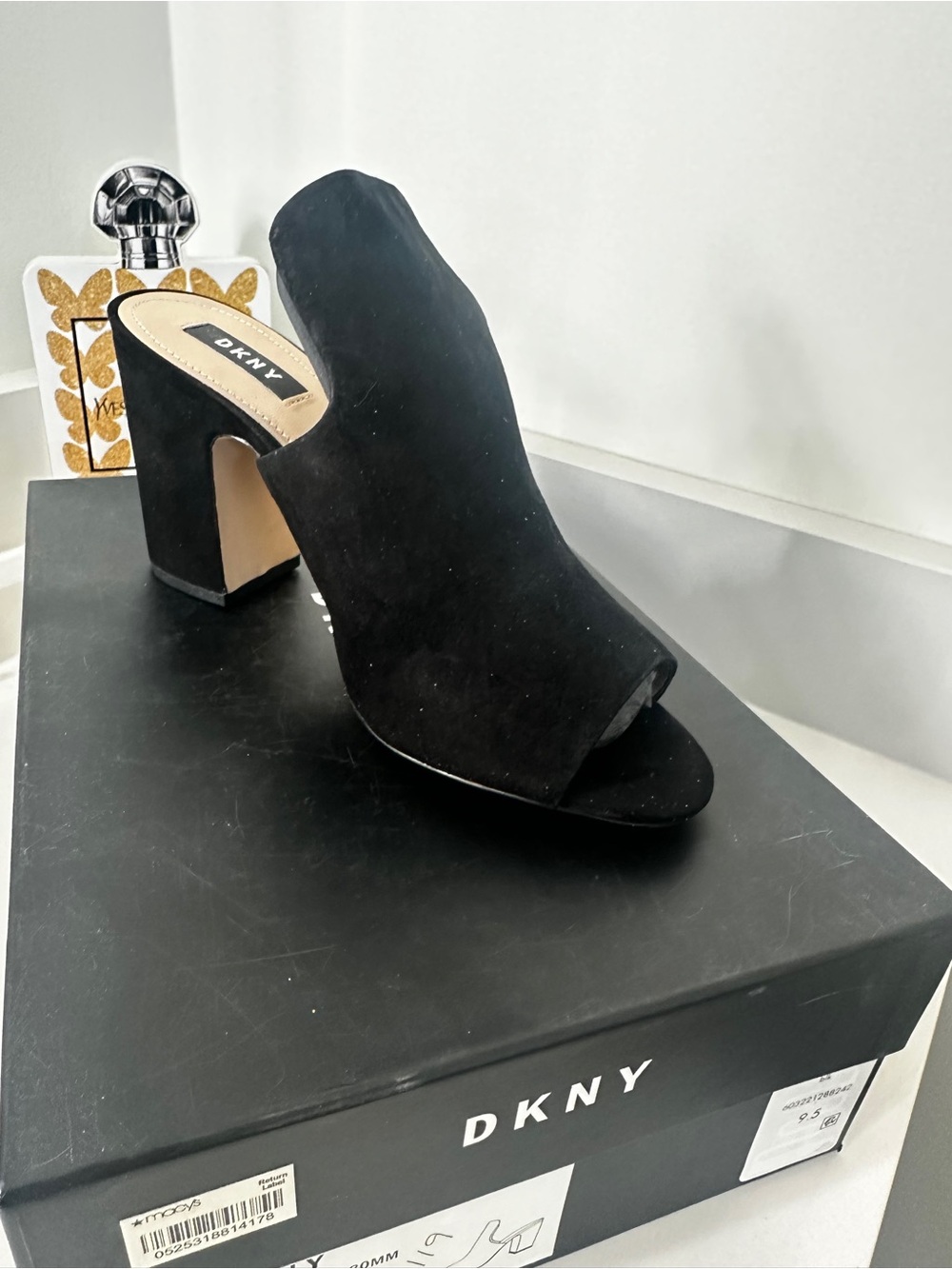 DKNY Black Suede Open-Toe High Block Heel Mule